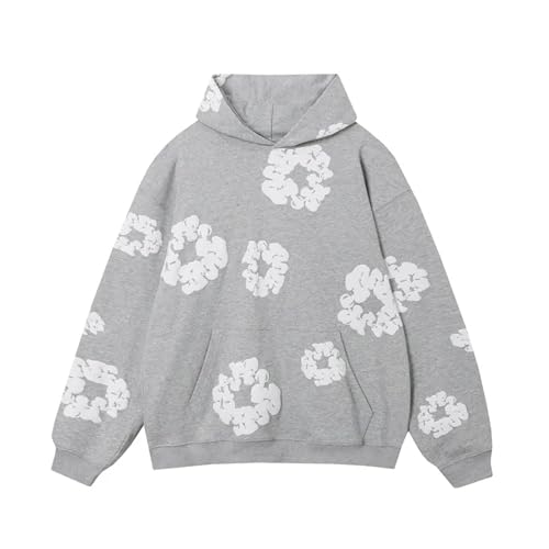 Siooideao Y2k Hoodie Flower Puff Letter Print Graphic Hoodies Casual Retro Pullover Gothic Women's Men's Oversized Grunge Streetwear (US, Alpha, Medium, Regular, Regular, Grey-h)
