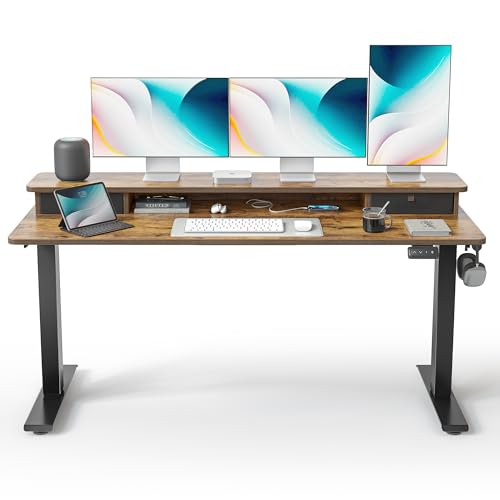 Image of FEZIBO 60 x 24 Inch Height Adjustable Electric Standing Desk with Double Drawer, Stand up Home Office Computer Desk with 4 Height-Adjustable Feets & 2 Hooks, Rustic Brown