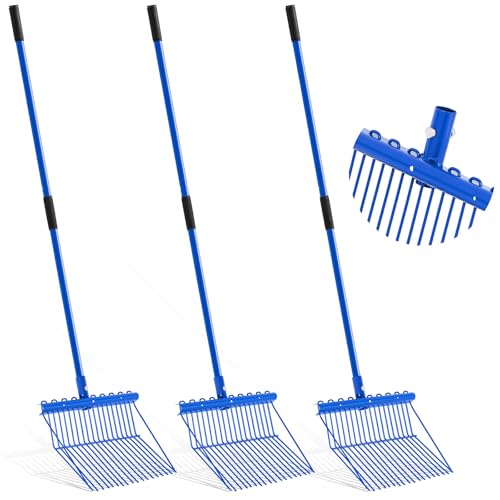 Lasnten 3 Sets Metal Manure Fork with Long Metal Handle Pitch Fork Manure Rake Heavy Duty Muck Rake for Gardening Horse Stall Stable Grass Hay Cleaning Farm Work (Blue)