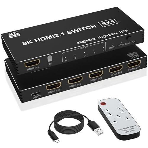 8K HDMI Splitter HDMI Switch 4K 120Hz - 5 in 1 Out hdmi switcher 8K 60Hz 4K 120Hz Splitter with Remote 3D HDR10+ HDCP 2.3 CEC Use for PS5/4/3 Xbox Nintendo Switch DVD Roku Apple TV Fire Stick PC