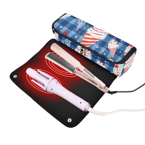 Organizador 2 en 1 para herramientas de cabello con tapete resistente al calor y bolsa de almacenamiento para planchas, rizadores y alisadores, diseño gingham azul con helado patriótico miniatura 2