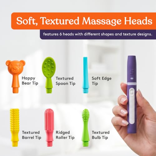 Image of Special Supplies Buzz Buddy Oral Motor Stimulation Kit with 6 Soft Textured Interchangeable Heads, Calm Sensory Needs, Support Speech, and Stimulate Self Feeding, Gentle Vibrations (Purple)