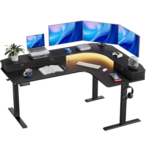 Image of HUANUO 65″ L-Shaped Standing Desk with Power Outlets & LED Strip, Electric Height Adjustable Corner Computer Desk, Sit Stand Up Desk with 3 Drawers, Black