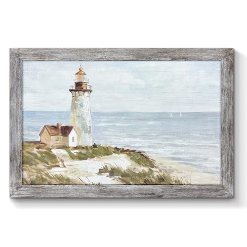 Coastal Nautical Wooden Wall Decor - Lighthouse Beach Art Coastal Theme Picture Painting for Bedroom Living Room 36x24 Inch