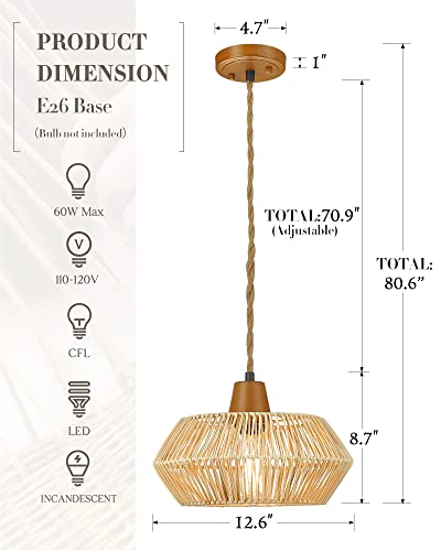 Femila Pendant Light Fixtures, 13” Rattan Chandelier With Hemp Rope, Boho Woven Hanging Lamp Pendant Lighting For Kitchen Island, Dining Room, Hallway, Bedroom, 4Fg64-M1L #TOP1