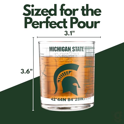 Image of Greenline Goods Michigan State University Spartans Whiskey Glasses Set of 2, 10 oz Rocks Glasses with Full-Color Logo & Campus Map - Officially Licensed Bourbon Glass Gift for Alumni & Fans