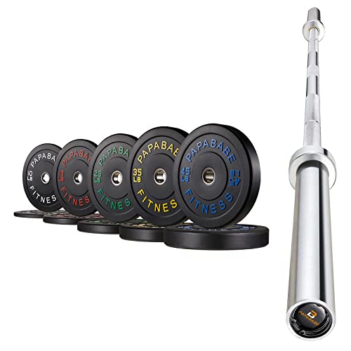 papababe 2 Inch Bumper Plates Set with 7-Foot Olympic Barbell, Color Coded Rubber Weight Plates with Steel Insert, Chrome Bar for Weightlifting Powerlifting (260LB + Bar)