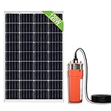 ☀️[Kit de bomba solar de pozo profundo de 120 W] El kit de bomba solar de pozo profundo incluye un panel solar de 120 W y una bomba de pozo profundo de 1,6 GPM (96 W), y un cable de extensión de 5 m para conectar el panel solar y la bomba de pozo profundo, puede bombear agua cuando se conectó.