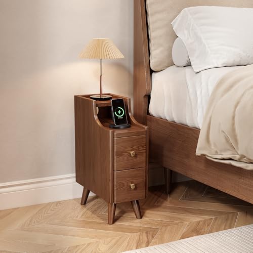IUNVR Narrow Nightstand with Drawers，7.9" Slim Solid Wood Bedside Table