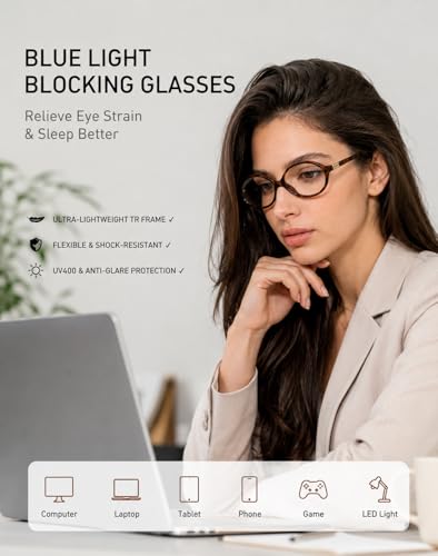 Image of Slocyclub Oval Blue Light Blocking Glasses for Women with Eyeglass Case | Filters harmful blue light, reduces eye strain, Vintage oval frame, Lightweight for daily wear