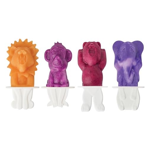 Tovolo Animal Popsicle Molds Zoo Crew Set of 4 Reusable Popsicle Molds with Sticks Bear Lion Monkey Elephant, BPA Free Silicone Pop Maker for Kids, Dishwasher Safe Animal Ice Molds for Frozen Treats