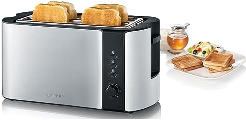 SEVERIN Automatik-Langschlitztoaster für 4 Toastscheiben, mit Brötchenaufsatz hochwertiger Edelstahl Toaster mit großen Röstkammern und 1.400 W Leistung, Edelstahl-gebürstet/schwar