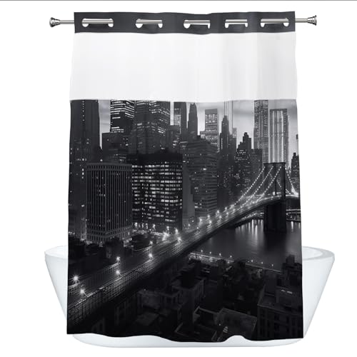 Dalianlc Manhattan Brooklyn Bridge New York Building Night Scenery Shower Curtain with Snap in Fabric Liner Set, Detachable Liner, See Through Mesh Top Window, Waterproof Washable 72" W x 74" H