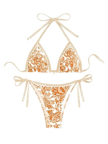 Image of BYFINECANY Women's Floral Printed Bathing Suit Halter Paisley Summer Swimsuit Bikinis Set