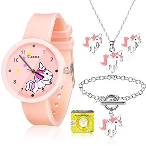 Kids Watches with Jewelry Set, Pink Cute Cartoon Wrist Watches Necklace Bracelet Earrings for Children Girls Birthday Gift