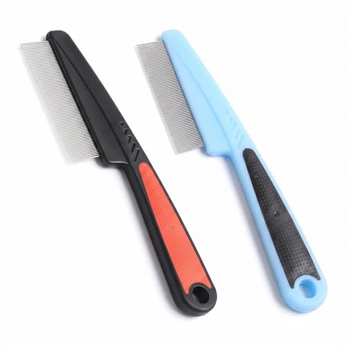 Image of Flea Comb for Dogs Cats, 2 Pack of Nit Comb, Rounded Teeth Tips Safe for Pet's Skin, Anti-Rust Stainless Steel Fine Tooth Grooming Comb, Removes Fleas Lice & Tangles for Long Short Hair