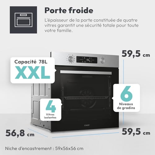 CANDY - Four Encastrable à Chaleur Tournante - Pyrolyse/Hydrolyse - 6 Niveaux de Cuisson - Classe Énergétique A++ - Cavité XXL (78L), Porte Froide, Pyrolyse, WiFi - Noir - 59,5 x 59,5 x 56,8 cm – Image 4
