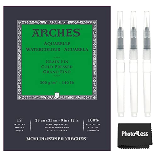 Arches Watercolour Cold Pressed Pad 10X14 Natural White 140Lb, 12 Sheets + 3 Piece Water Color Brush Set