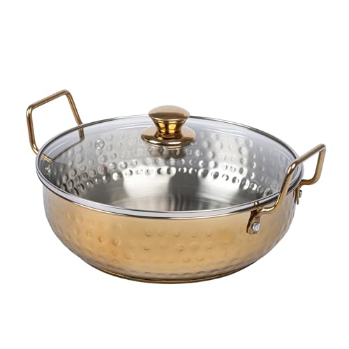 Image of Zaib TOPSYTUVRY Stainless Steel Hammered Gold PVD Coated Kadhai with Glass Lid 24 CM | Heavy Gauge Kadai for Cooking, Frying & Deep Frying