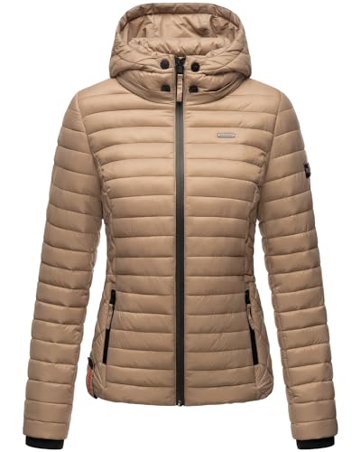 MARIKOO Damen Übergangsjacke Steppjacke mit Kapuze gesteppt 21 Farben XS-XXL Samtpfote (Taupe Grey, M)