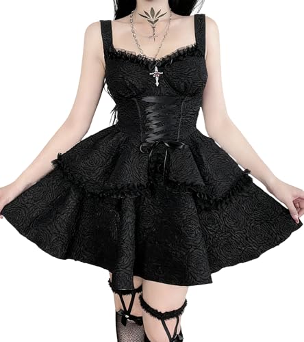 DINGJIUYAN Cute Black Gothic Long Sleeved Dress,Dresses for Women UK,Prom Dresses for Women UK,Evening Dresses for Women UK Plus Size,Gothic Dresses for Women Black Halloween Dress