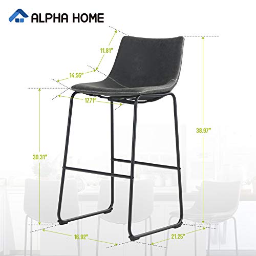 Alpha Home 30 Inches Bar Stools Set Of 2 Bar Chair Vintage Leathaire Bar Height Stools Pub Kitchen Stools Chairs, Dining Room Furniture 350 Lbs Capacity,Dark Grey #TOP4