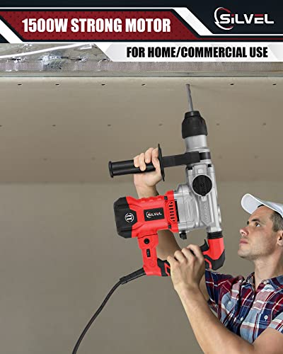 Silvel 1-1/4 Inch Sds-Plus Hammer Drill, 13 Amp 1500W Rotary Hammer Drill, Heavy Duty Drill With 4 Functions, Demolition Hammer With 3 Drill Bits, Flat Chisels, Point Chisels #TOP5