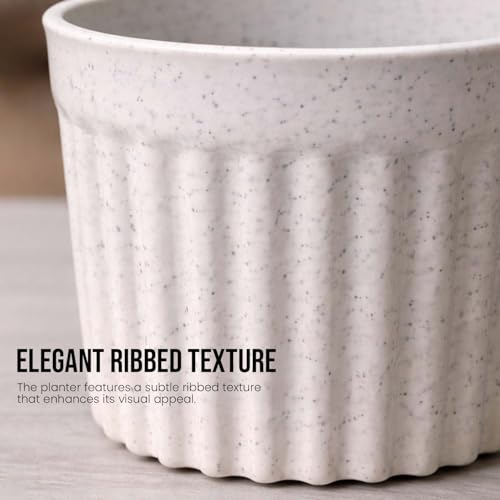 Image of Go Hooked 6 Inch Plastic Plant Pot Set of 5 | White Marble Texture Ribbed Planters, Stylish Modern Design | Decorative Indoor Outdoor Flower Pots for Balcony, Living Room, Garden, Home & Office Decor