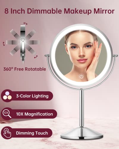 Gospire 8 Inch Lighted Makeup Mirror 1X/10X Magnifying Led Makeup Mirror 3 Color Dimmable Lighting Modes Rechargeable Cordless Cosmetic Mirror With Touch Control Vanity Mirror 360° Rotation (Chrome) #TOP4