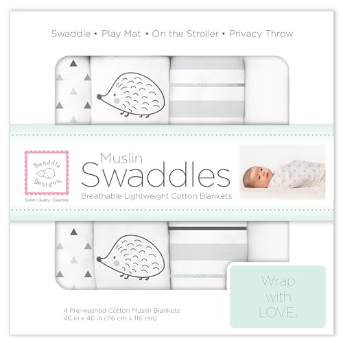 Image of SwaddleDesigns Cotton Muslin Swaddle Blankets, Set of 4, Receiving Blankets for Baby Boys & Girls, Best Shower Gift, 46x46 inches, Black Hedgehogs