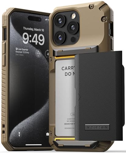 VRS DESIGN Compatible with iPhone 15 Pro Max Case with Card Holder [Damda Glide Pro] Sturdy Semi Auto 4-Card Slot High Durability & Style Designed for iPhone 15 Pro Max (2023) Groove Khaki