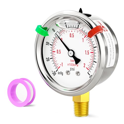 Image of Glycerin Filled Vacuum Pressure Gauge-30-30psi Stainless Steel 1 /4 inch NPT 2.5 inch Dial, for LowerMounting Designed for Pressure Testing of Water, Oil and Air (with Range Mark Pointer)