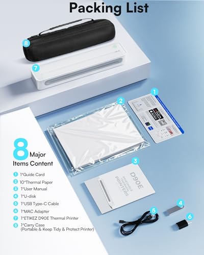 Image of Portable Printers Wireless for Travel, D90E Bluetooth Inkless Thermal Printer, Supports 8.5 inch X 11 inch Thermal Paper, Mobile Printer for Phone Laptop with Case & 10 Papers, for Home Office, White