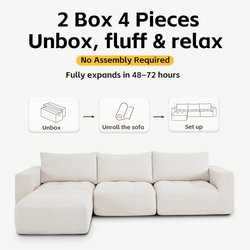 MCombo 121" Modular Sofa Couch, No Assembly Required, L Shaped Compressed Sectional Sofa with Ottoman, Deep Seat Upholstered Boneless Couch for Living Room, SS378 (White) - Image 5