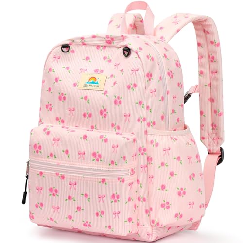 Image of STEAMEDBUN Corduroy Kids Backpack for Girls and Boys 5-8: Girls Backpack for Elementary Kindergarten - 15 inch Cute Backpacks for Kids - Rose