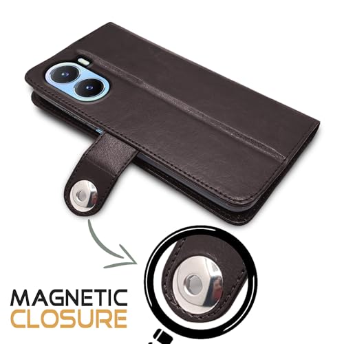 Image of Pikkme Vivo T2X / Y16 / Y56 5G Flip Cover Leather Finish | Inside TPU with Card Pockets | Wallet Stand and Shock Proof | Complete Protection Button Flip Case (Coffee)