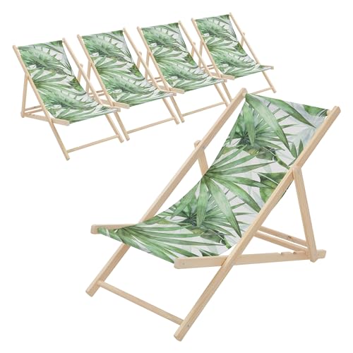 ECD Germany 5X Sillas de Playa de Madera con Diseño Palmera Verde-Blanca Tumbona Plegable con Respaldo Ajustable en 3 Posiciones de Reclinación Asiento de Relax para Jardín o Piscina, hasta 120 kg