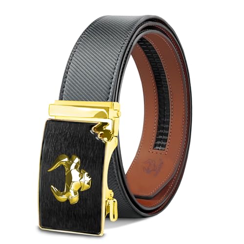 Coipdfty Men's Belts Leather Ratchet Dress Belts for Men Adjustable Belt for Casual Jeans (Brushed black-Gold bull buckle-Matte brown belt)
