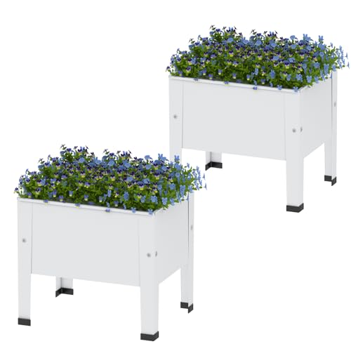 aboxoo 2 Packs 14 Inch Small Planter Raised Garden Bed with Legs,Outdoor Metal Planter Box for Patio,Elevated Garden Bed for Vegetables Flower Herb(White)