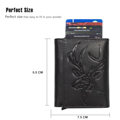 Image of Men's Genuine Leather RFID Wallet | Premium Slim Red Wallet for Men with Deer 3D Print | 8 Card Slots Secure and Durable Design | Casual Stylish | Formal & Gifting Use, Black and Silver