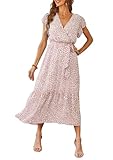 PRETTYGARDEN Women's Summer Floral Boho Dress Wrap V Neck Short Sleeve Ruffle A-Line Flowy Maxi Wedding Guest Dresses (Pink,Small)
