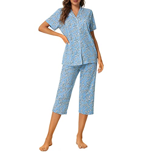 Image of Tugege Capri Pajamas Set Womens Button Down Short Sleeve Lounge Sets Sleepwear Notch Collar Top & Capri 2 Piece PJ Sets