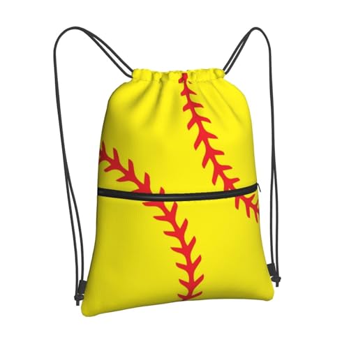 Image of Outdoor Sports Softball Drawstring Backpack, Waterproof Drawstring Bag for Gym Sports Teams Softball Party, Men Women Durable Yellow Sackpack Bag with Front Zipper Pocket and Inside Zipper Pocket