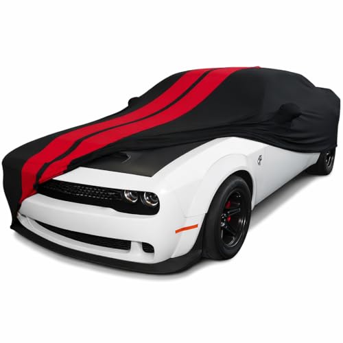 Image of SR1 Performance USA Indoor Car Cover for Dodge Challenger 2008-2023 - Ultraguard Stretch Satin Custom Fit, Dust Cover, Breathable Scratch-Resistant Sport Series Stripe (Black /Red)