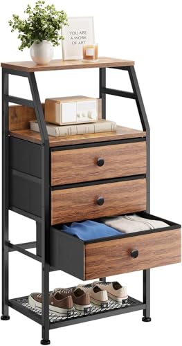 Dripex Kommode mit 3 Stoffschubladen, Schrank mit Holzplatte und Schuhregal, Metallrahmen, Aufbewahrungsschrank für Flur, Schlafzimmer, Wohnzimmer, Metallrahmen, vintagebraun-schwarz