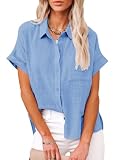 Womens Casual Cotton Linen Button Down Short Sleeve Shirts Solid Summer Beach Blouses Tops with Pocket Sky Blue
