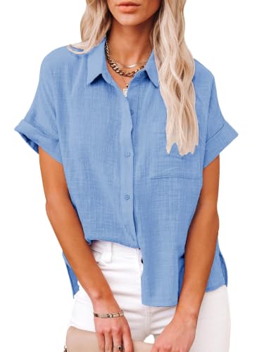 Womens Casual Cotton Linen Button Down Short Sleeve Shirts Solid Summer Beach Blouses Tops with Pocket Sky Blue