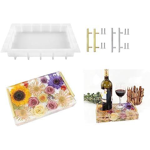 Resin Tray Molds Silicone, 13.5" Large Rectangle Deep Tray Resin Mold & Gold and Silver Handle, Shiny Silicone Tray Board Table Mold for Resin, Floral Preservation Bouquet Resin Mold Cover