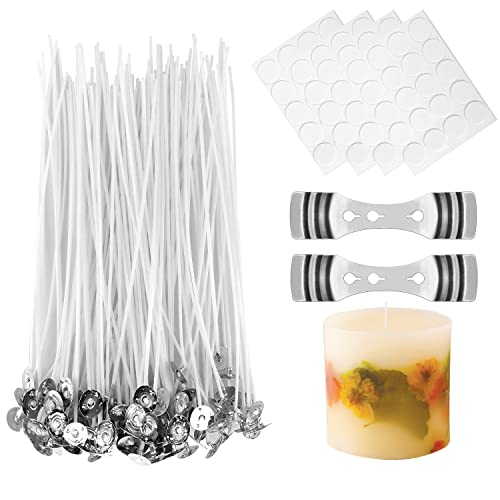 TIARH Kerzendocht, 100 Stück Kerzendochte für Kerzen mit 2 Edelstahl Dochte Festen Halter und Doppelseitige Dots Docht Aufkleber (15cm) Cover