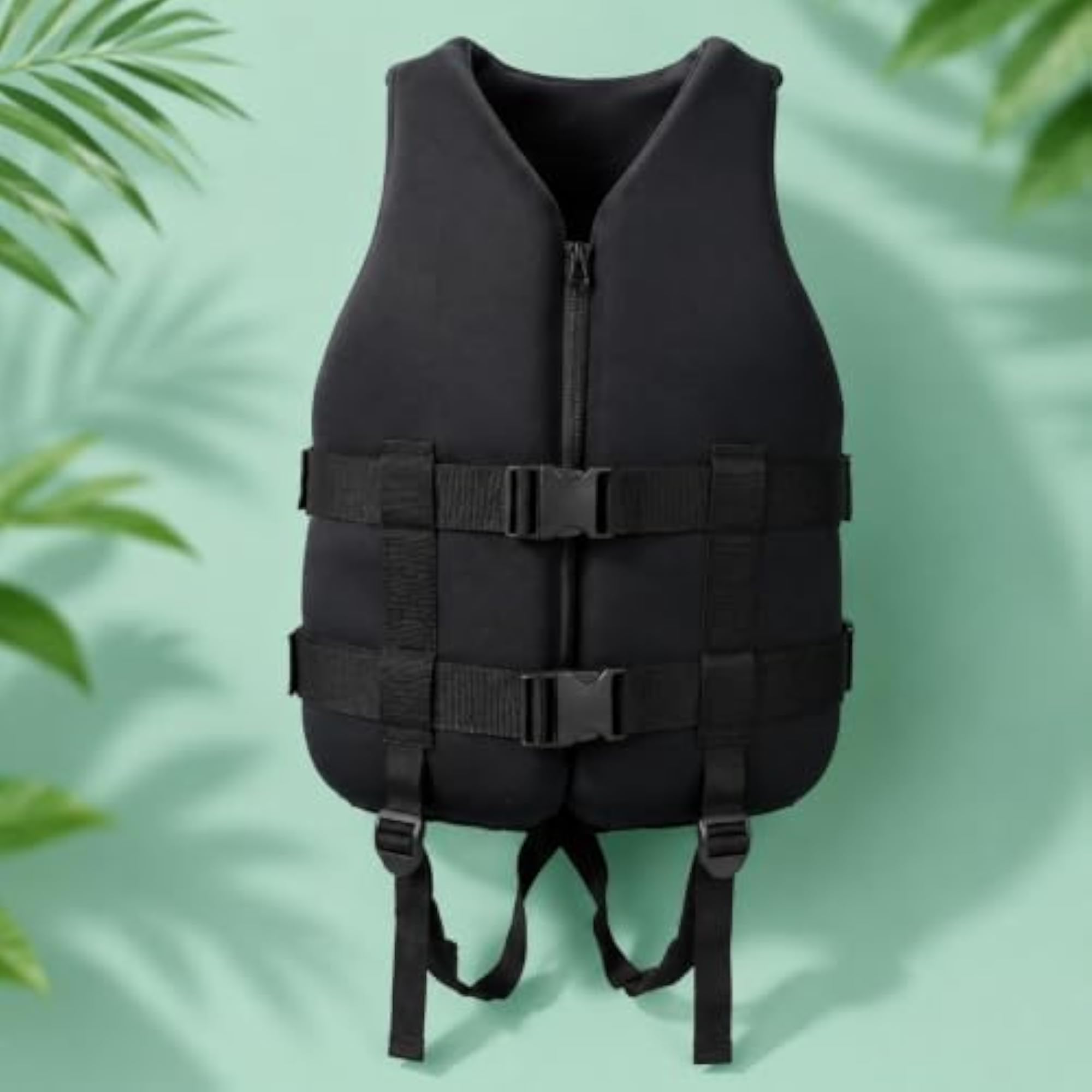 Black Neoprene Life Vest with ABS Buckles, Zip Front